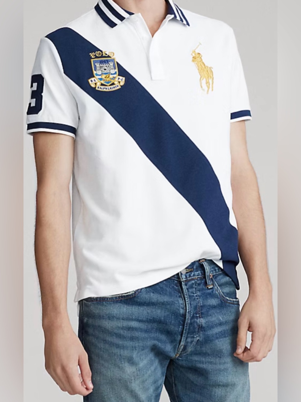 Ralph Lauren Polo Crest White/Navy Blue Striped #3 - Men's Large - Classic Fit